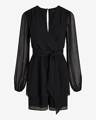 V-Neck Long Sleeve Surplice Tie Waist Tiered Romper