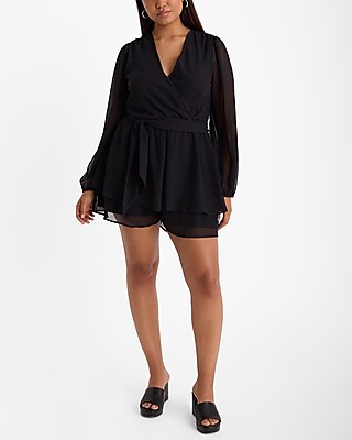 V-Neck Long Sleeve Surplice Tie Waist Tiered Romper