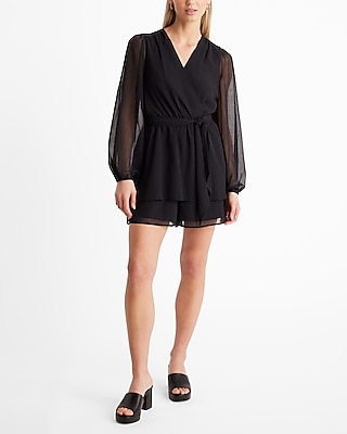 V-Neck Long Sleeve Surplice Tie Waist Tiered Romper