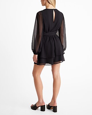 V-Neck Long Sleeve Surplice Tie Waist Tiered Romper