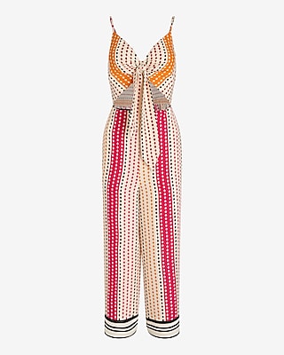 Printed V-Neck Sleeveless Tie Front Cropped Wide Leg Jumpsuit