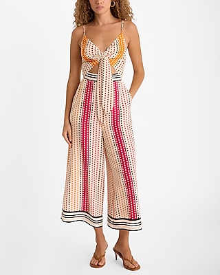 Printed V-Neck Sleeveless Tie Front Cropped Wide Leg Jumpsuit