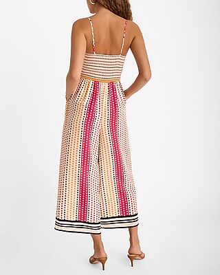 Printed V-Neck Sleeveless Tie Front Cropped Wide Leg Jumpsuit