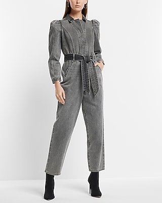 Puff Sleeve Tie Waist Gray Wash Denim Jumpsuit Express