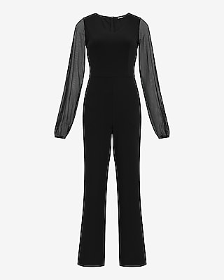 Mesh Pieced V-Neck Wide Leg Jumpsuit