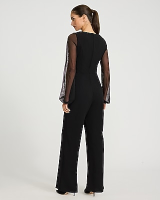 Mesh Pieced V-Neck Wide Leg Jumpsuit
