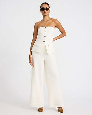 Strapless Tailored Button Front Wide Leg Jumpsuit