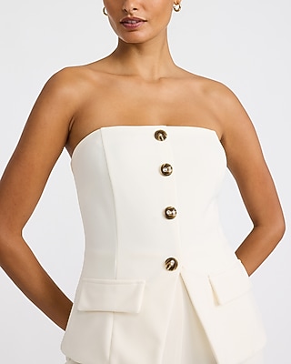 Strapless Tailored Button Front Wide Leg Jumpsuit