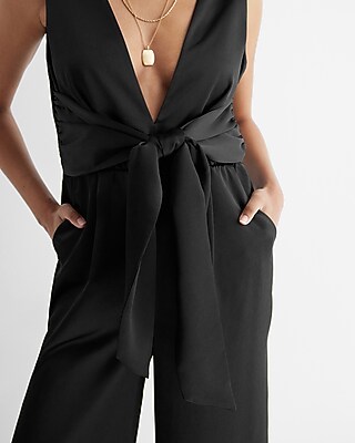 Satin V-neck Tie Waist Wide Leg Jumpsuit | Express