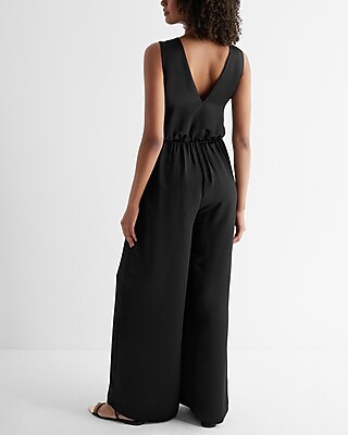 Satin V-neck Tie Waist Wide Leg Jumpsuit | Express