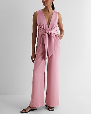 Satin V-neck Tie Waist Wide Leg Jumpsuit | Express