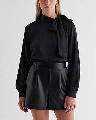 Faux Leather Tie Neck Long Sleeve Romper