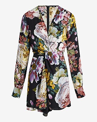 Floral V-Neck Long Sleeve Twist Front Romper