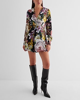 Floral V-Neck Long Sleeve Twist Front Romper