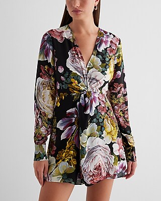 Floral V-Neck Long Sleeve Twist Front Romper
