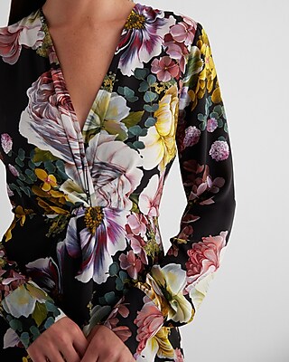 Floral V-Neck Long Sleeve Twist Front Romper