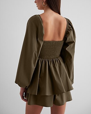 Square Neck Long Sleeve Smocked Poplin Romper