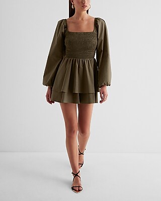 Square Neck Long Sleeve Smocked Poplin Romper