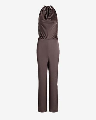 Satin Tie Halter Cowl Neck Wide Leg Jumpsuit