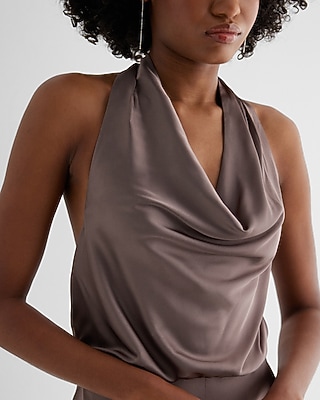 Satin Tie Halter Cowl Neck Wide Leg Jumpsuit