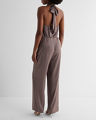 Satin Tie Halter Cowl Neck Wide Leg Jumpsuit