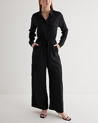 Button Front Tie Waist Wide Leg Cargo Jumpsuit