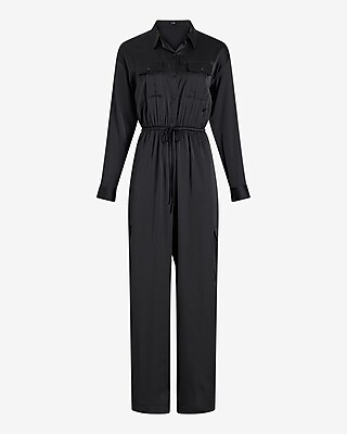 Button Front Tie Waist Wide Leg Cargo Jumpsuit