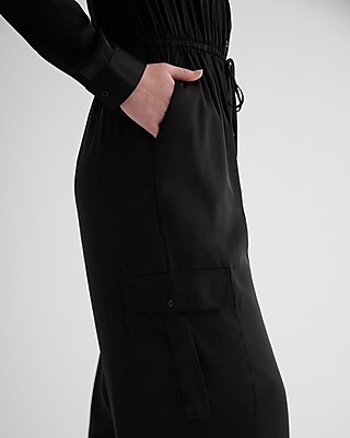 Button Front Tie Waist Wide Leg Cargo Jumpsuit