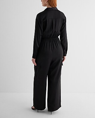 Button Front Tie Waist Wide Leg Cargo Jumpsuit