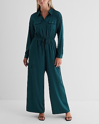 Button Front Tie Waist Wide Leg Cargo Jumpsuit