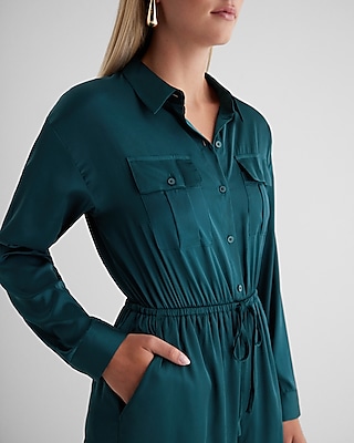 Button Front Tie Waist Wide Leg Cargo Jumpsuit