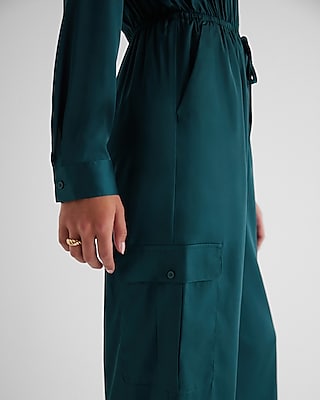 Button Front Tie Waist Wide Leg Cargo Jumpsuit