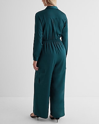 Button Front Tie Waist Wide Leg Cargo Jumpsuit