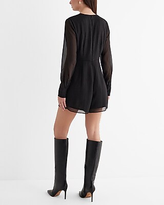 Metallic V-Neck Long Sleeve Twist Front Romper - image 3