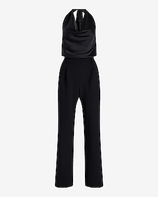 Satin Tie Halter Cowl Neck Wide Leg Jumpsuit