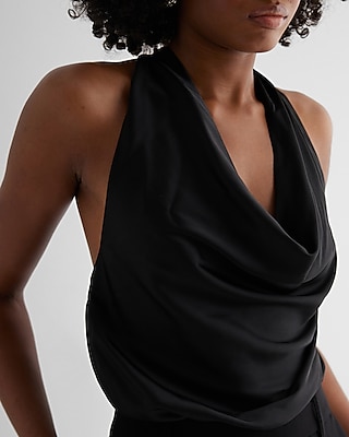 Satin Tie Halter Cowl Neck Wide Leg Jumpsuit