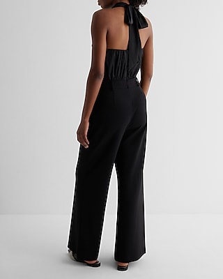 Satin Tie Halter Cowl Neck Wide Leg Jumpsuit