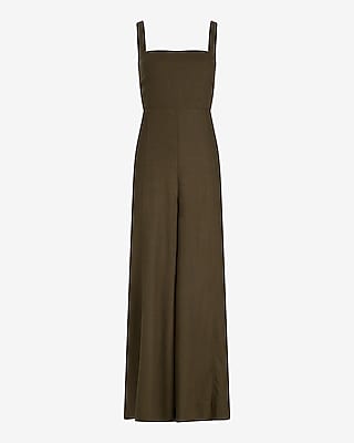 Linen-Blend Square Neck Sleeveless Wide Leg Jumpsuit
