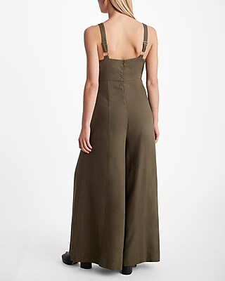 Linen-Blend Square Neck Sleeveless Wide Leg Jumpsuit