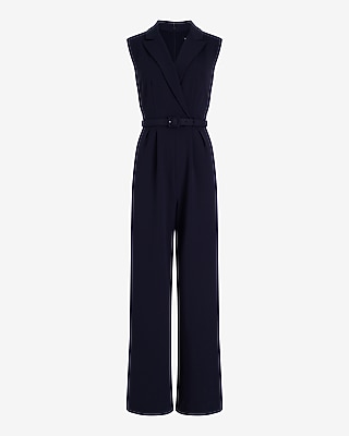 Sleeveless Padded Shoulder Belted Wide Leg Blazer Jumpsuit