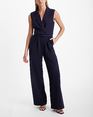 Sleeveless Padded Shoulder Belted Wide Leg Blazer Jumpsuit