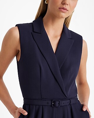 Sleeveless Padded Shoulder Belted Wide Leg Blazer Jumpsuit