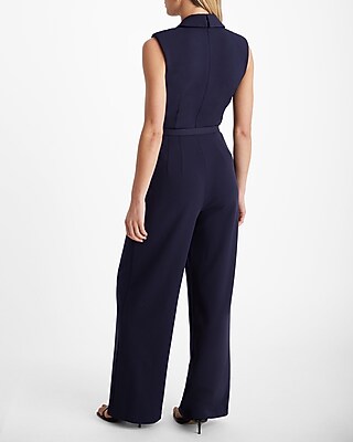 Sleeveless Padded Shoulder Belted Wide Leg Blazer Jumpsuit