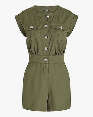 Twill Button Front Utility Romper