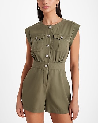 Twill Button Front Utility Romper