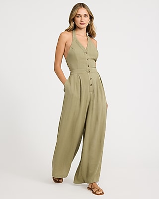 Woven Halter Tie Back Button Front Wide Leg Jumpsuit with Pockets