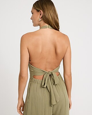 Woven Halter Tie Back Button Front Wide Leg Jumpsuit with Pockets