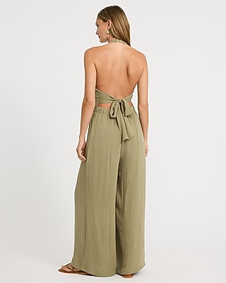 Woven Halter Tie Back Button Front Wide Leg Jumpsuit with Pockets