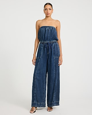 Denim Strapless Tie Waist Utility Jumpsuit with Pockets