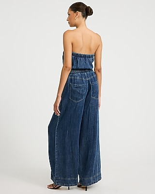 Denim Strapless Tie Waist Utility Jumpsuit with Pockets